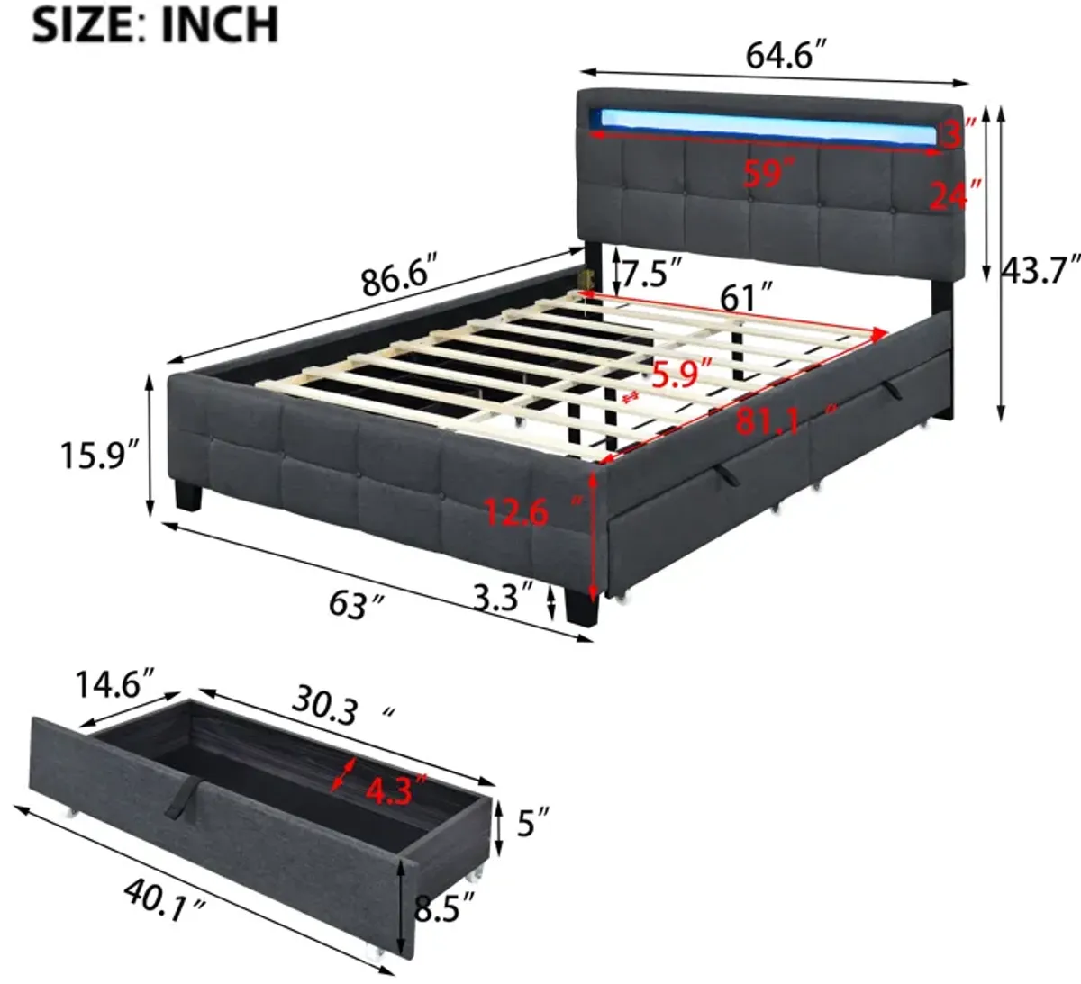 Queen Size Upholstered Platform Bed With LED Frame And 4 Drawers, Linen Fabric, Gray