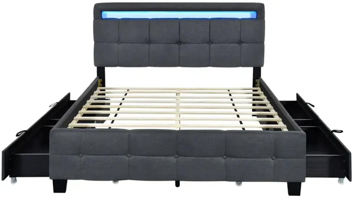 Queen Size Upholstered Platform Bed With LED Frame And 4 Drawers, Linen Fabric, Gray