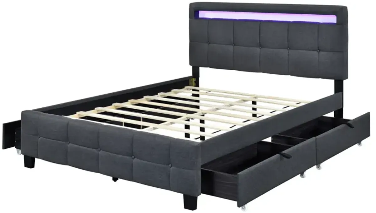 Queen Size Upholstered Platform Bed With LED Frame And 4 Drawers, Linen Fabric, Gray