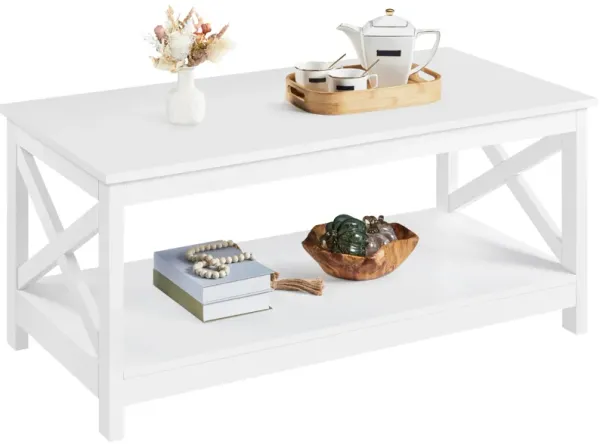 Yaheetech Wood 2-Tier White Coffee Table with Storage Shelf for Living Room, X Design Accent Cocktail Table, Simple Design Home
