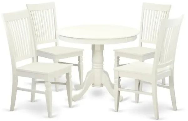 5 Pc set with a Table and 4 Wood Dinette Chairs in Linen White.