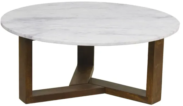 Fina Coffee Table, 38 Inch Round White Genuine Marble Top, Natural Brown Mango Wood 3 Leg Sled Base