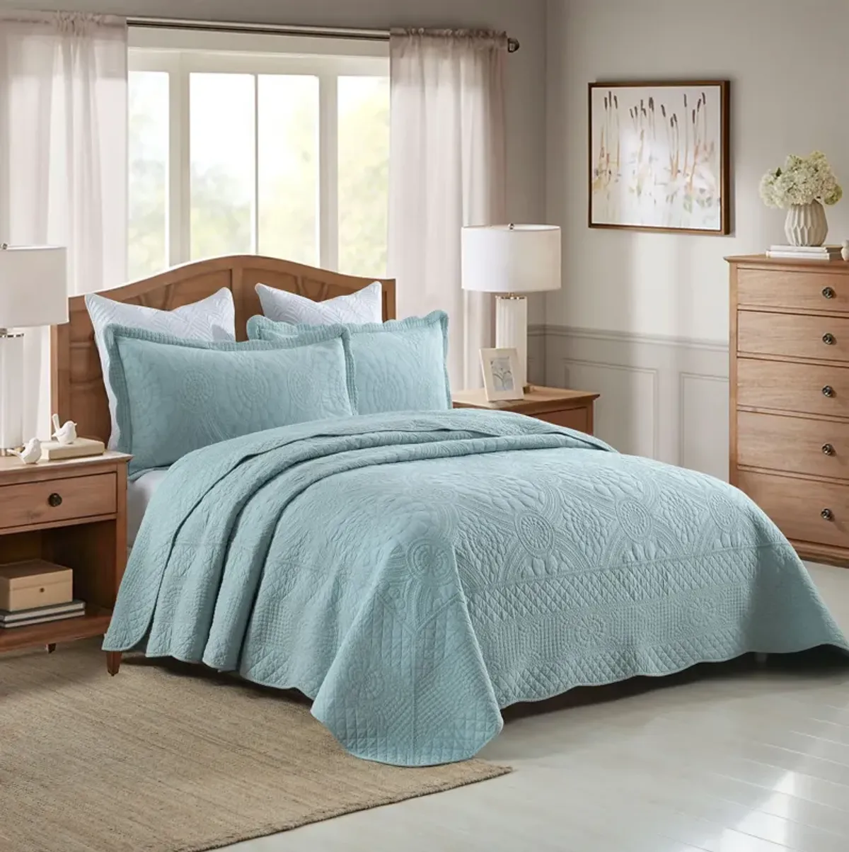 MarCielo 3 PCS 100% Cotton Oversized Bedspread Quilt Set Embroidery TF