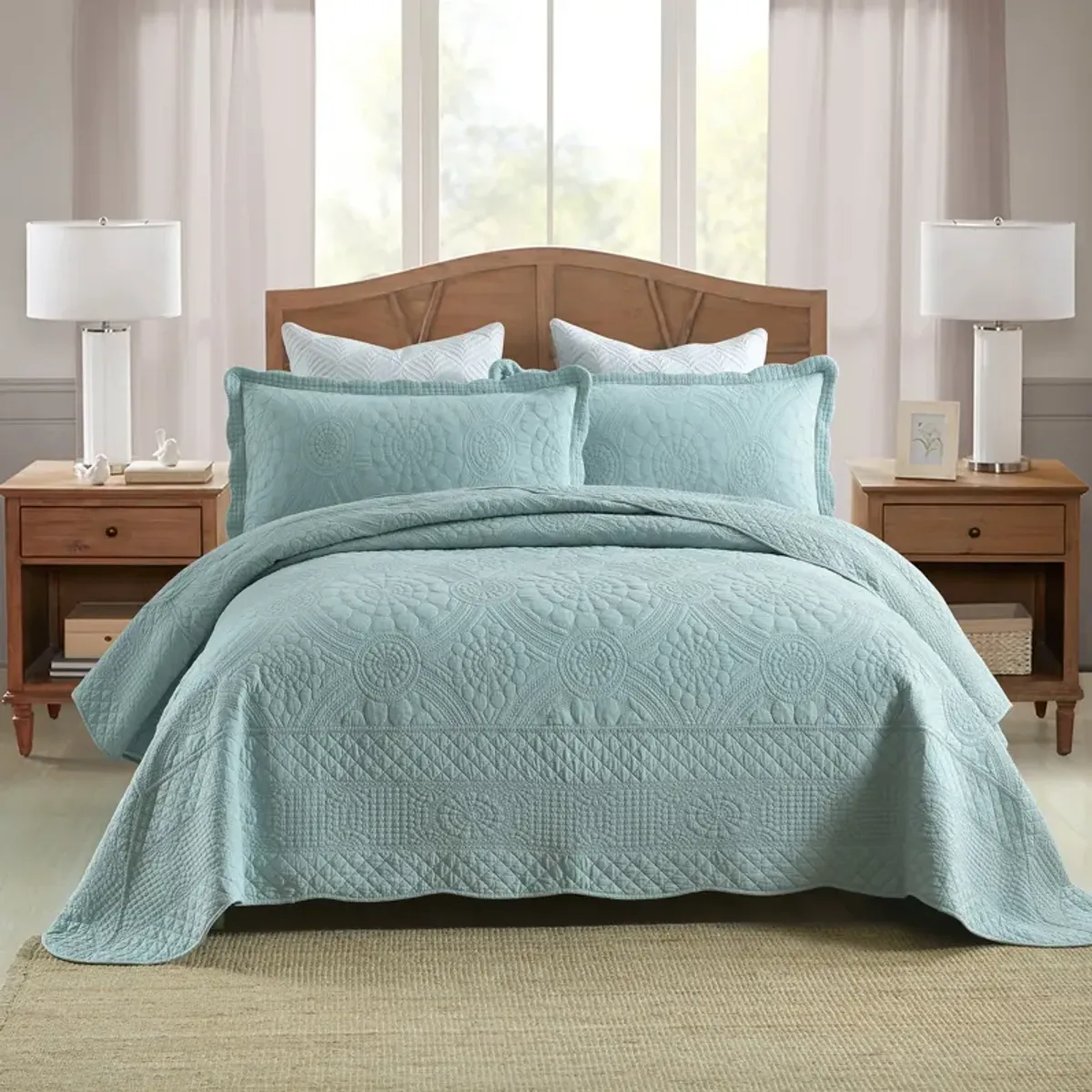 MarCielo 3 PCS 100% Cotton Oversized Bedspread Quilt Set Embroidery TF