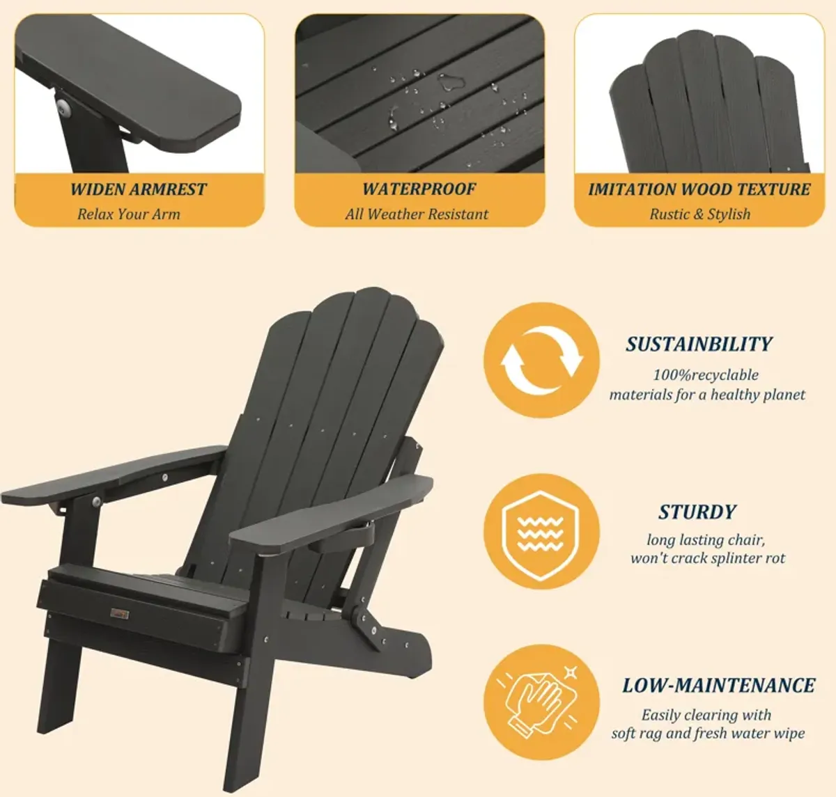 MONDAWE  Outdoor Adjustable Adirondack Chair with Cup Holder Gray