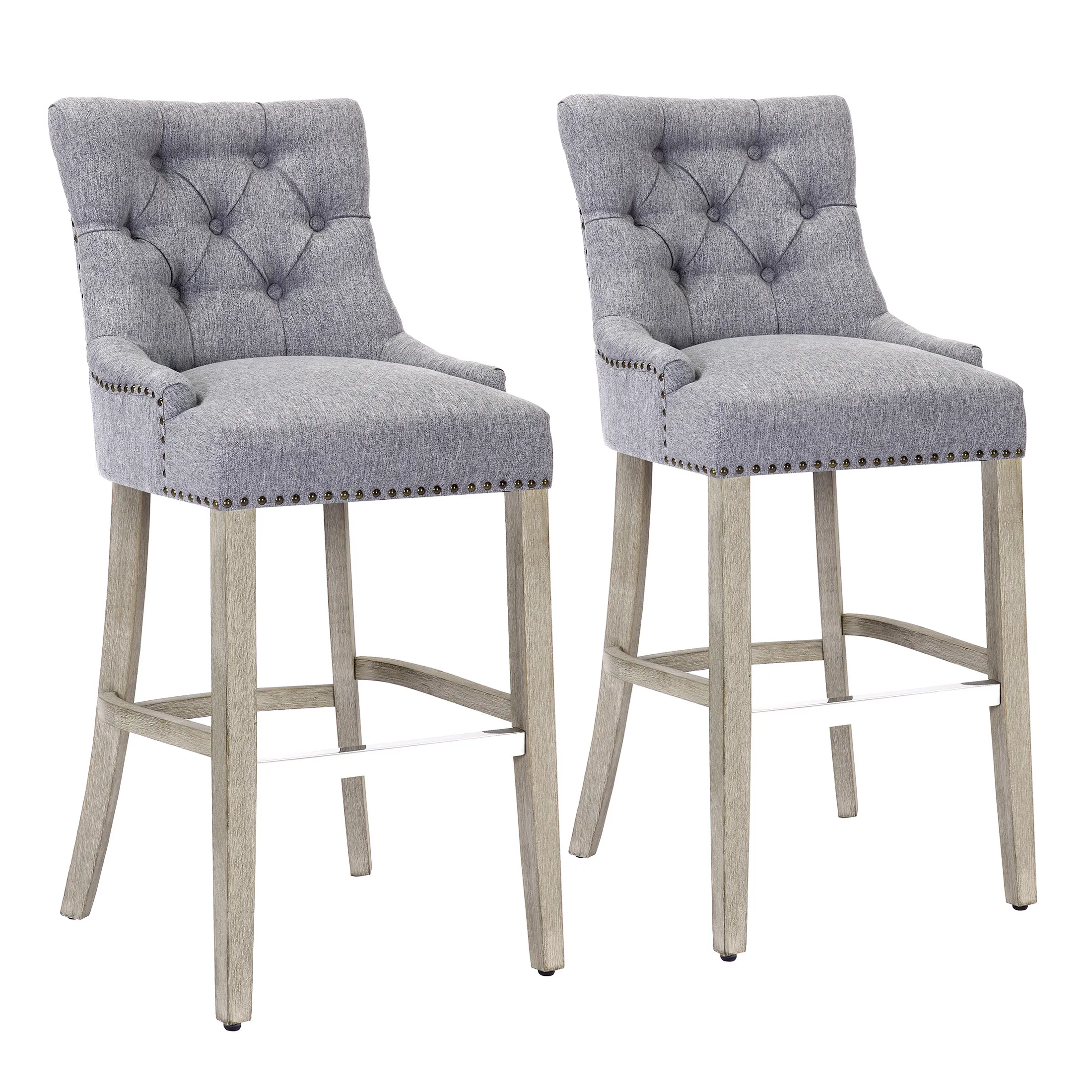 WestinTrends 29" Linen Fabric Tufted Upholstered Bar Stool (Set of 2), Antique Grey