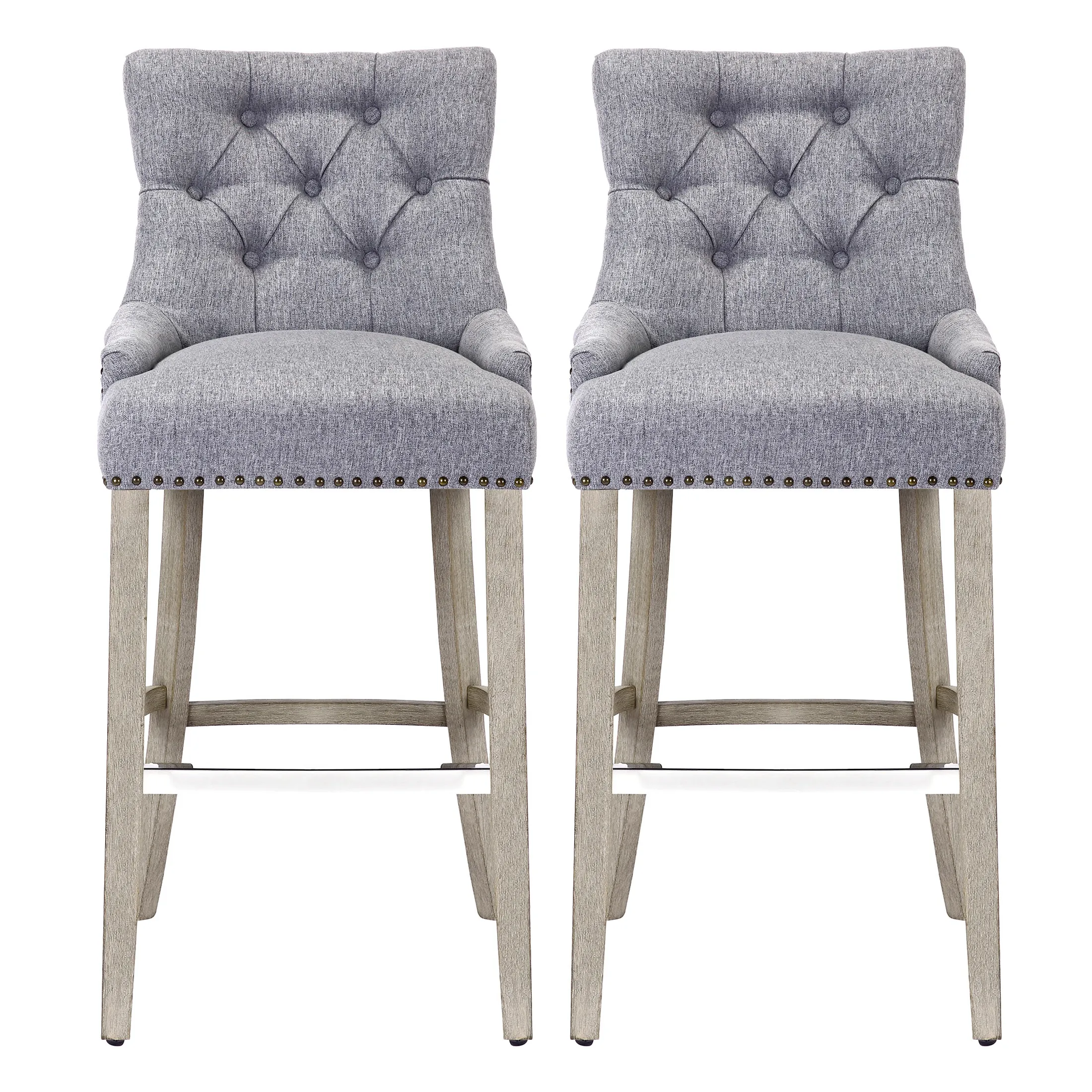 WestinTrends 29" Linen Fabric Tufted Upholstered Bar Stool (Set of 2), Antique Grey