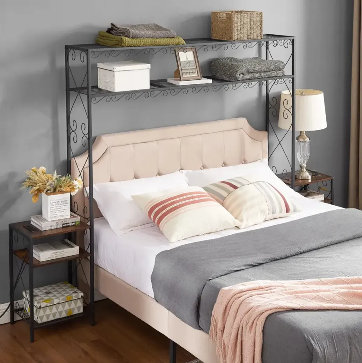 Rustic Brown Queen Bed Frame with Storage Headboard