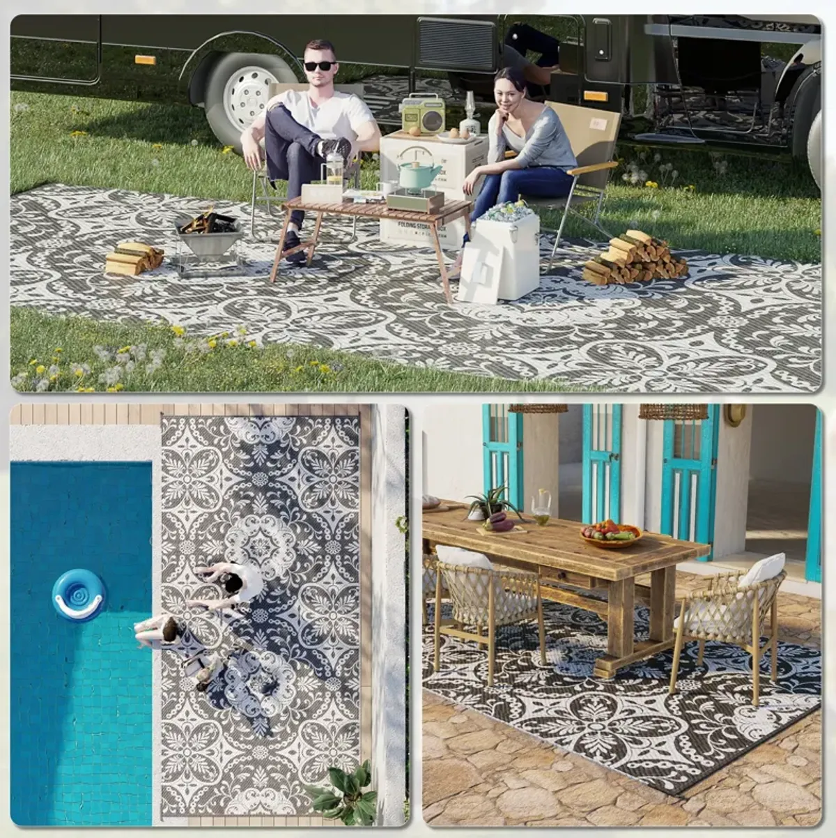 Outsunny Reversible Outdoor Rug with Carry Bag 9' x 18' Gray & White Flower