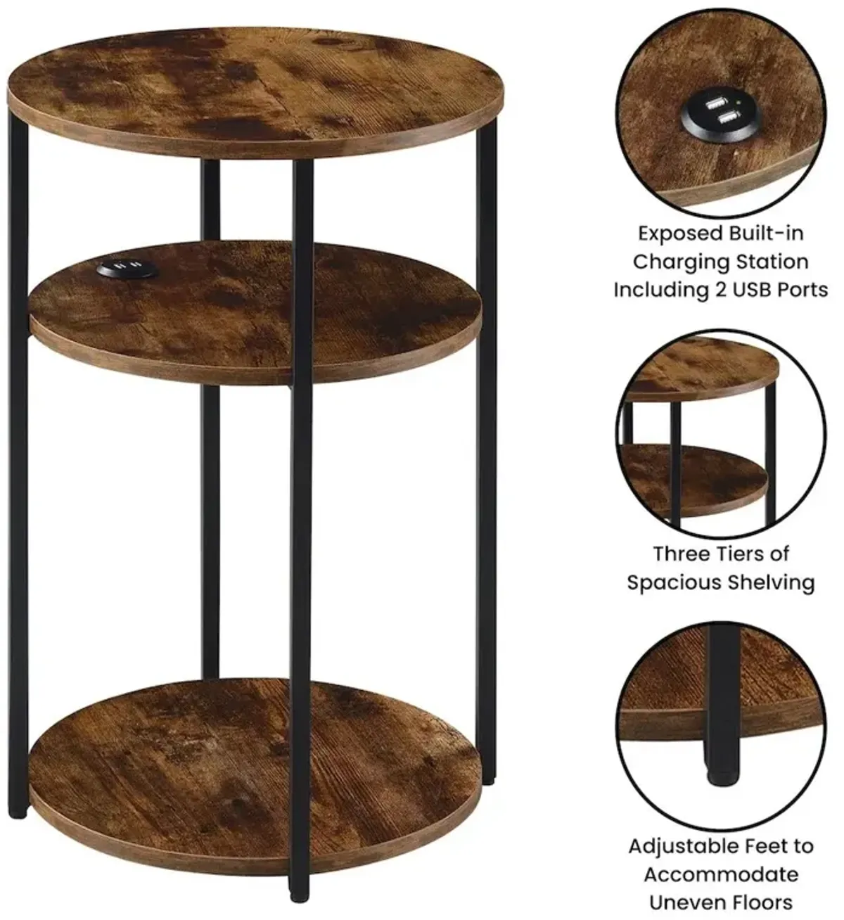 Designs2Go Simon 3 Tier End Table with USB Ports