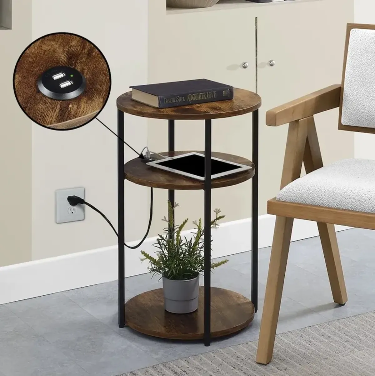 Designs2Go Simon 3 Tier End Table with USB Ports