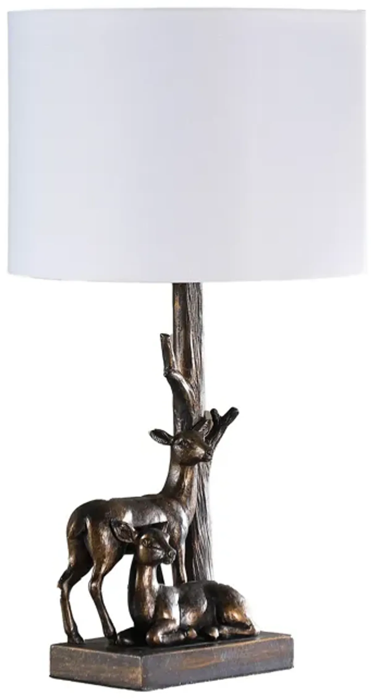 20 Inch Accent Table Lamp, Dual Roe Deer Design, White Drum Shade, Bronze - Benzara