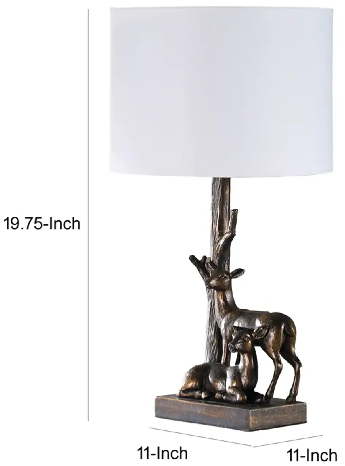 20 Inch Accent Table Lamp, Dual Roe Deer Design, White Drum Shade, Bronze - Benzara