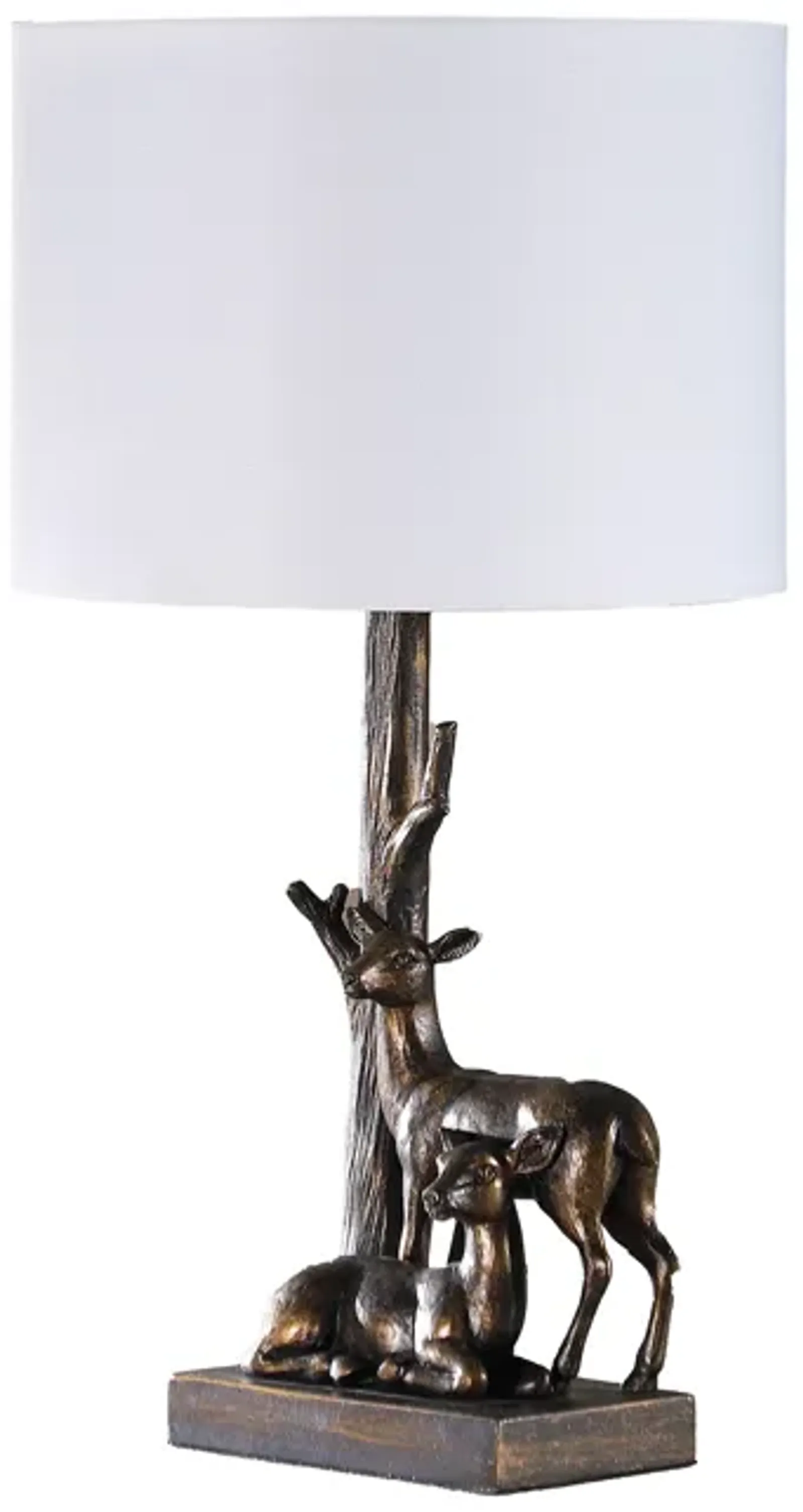 20 Inch Accent Table Lamp, Dual Roe Deer Design, White Drum Shade, Bronze - Benzara