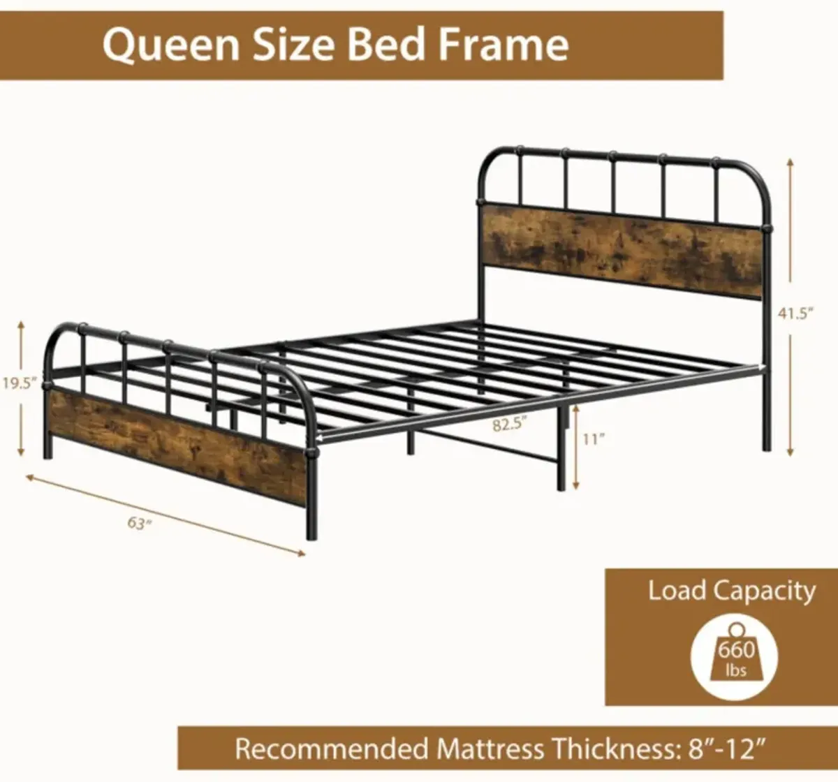 Hivvago Queen Size Industrial Metal Platform Bed Frame Headboard Mattress Foundation