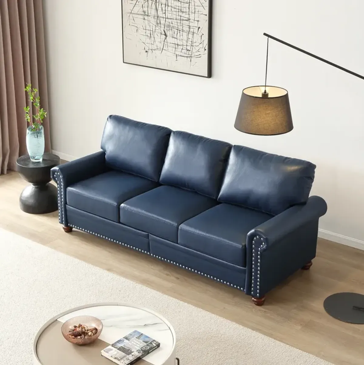 Classic Living Room Nails Sofa Navy Blue Faux Leather