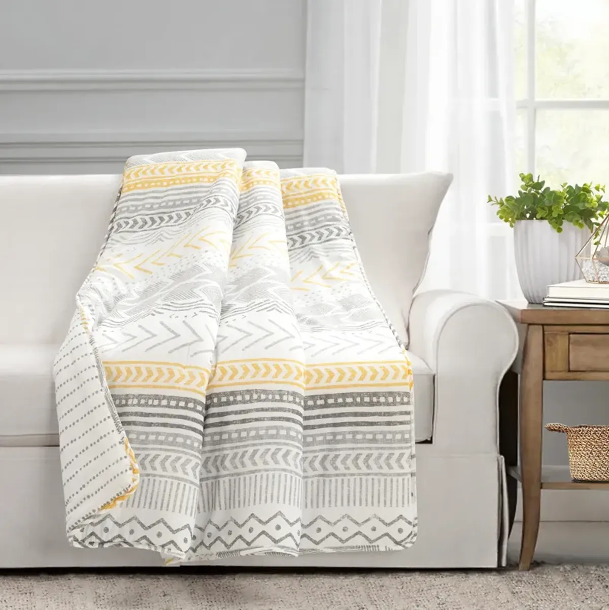 Hygge Geo Reversible Cotton Throw Yellow/Gray Single 50X60