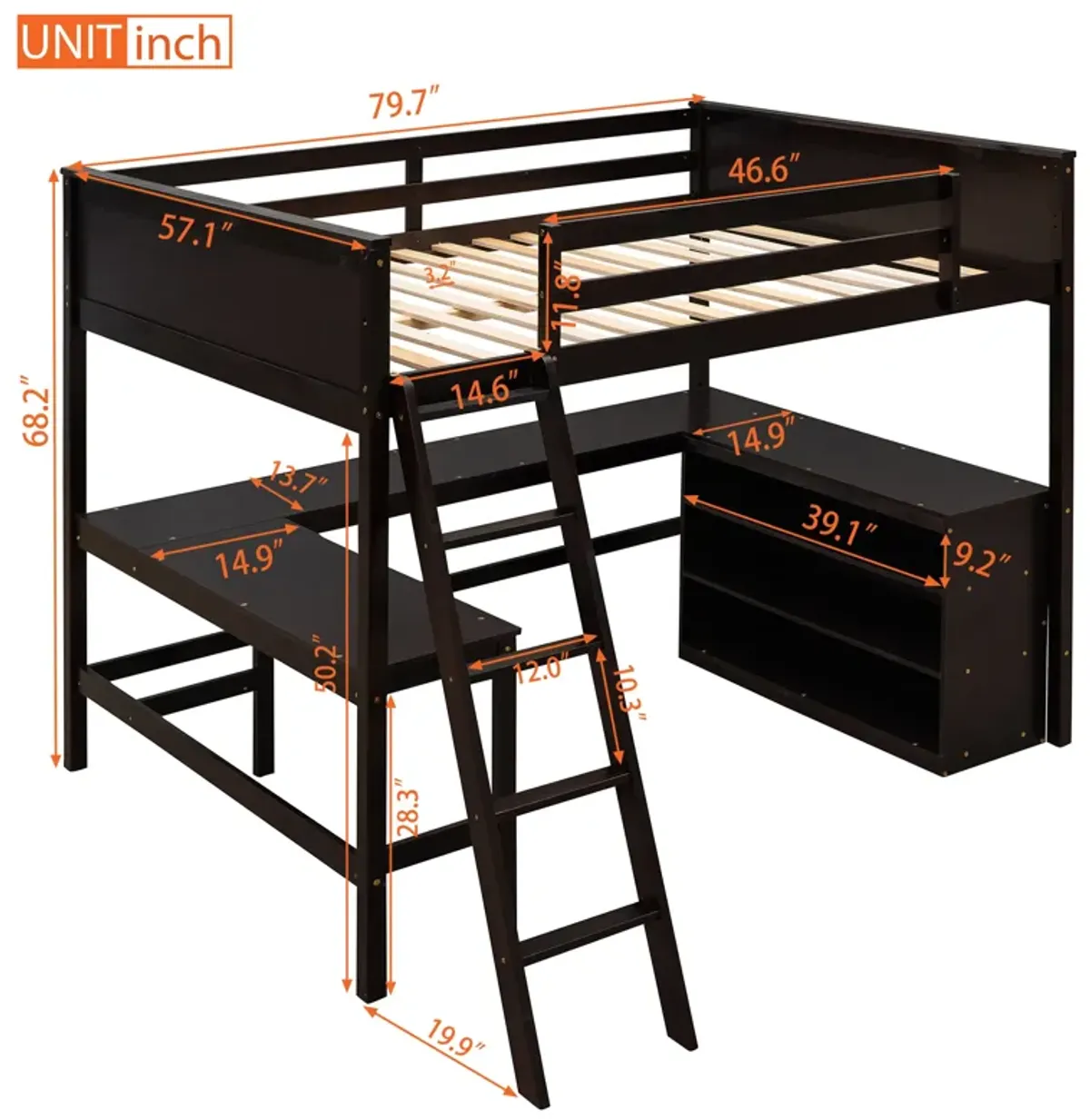 Merax Solid Wooden Loft Bed with Shelves and Desk