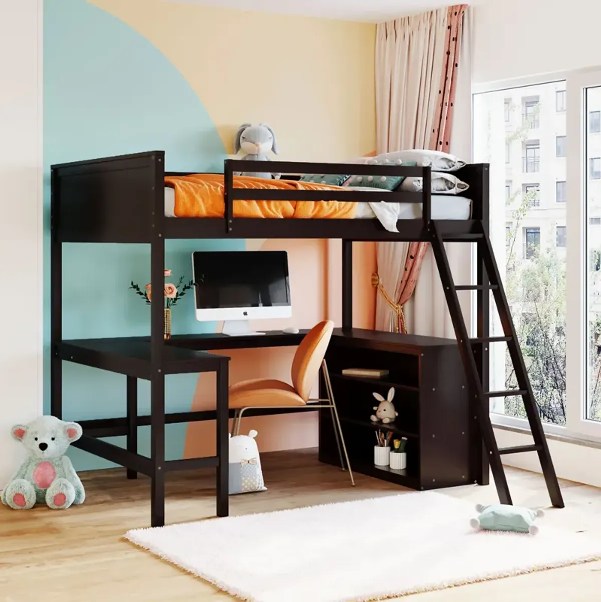 Merax Solid Wooden Loft Bed with Shelves and Desk