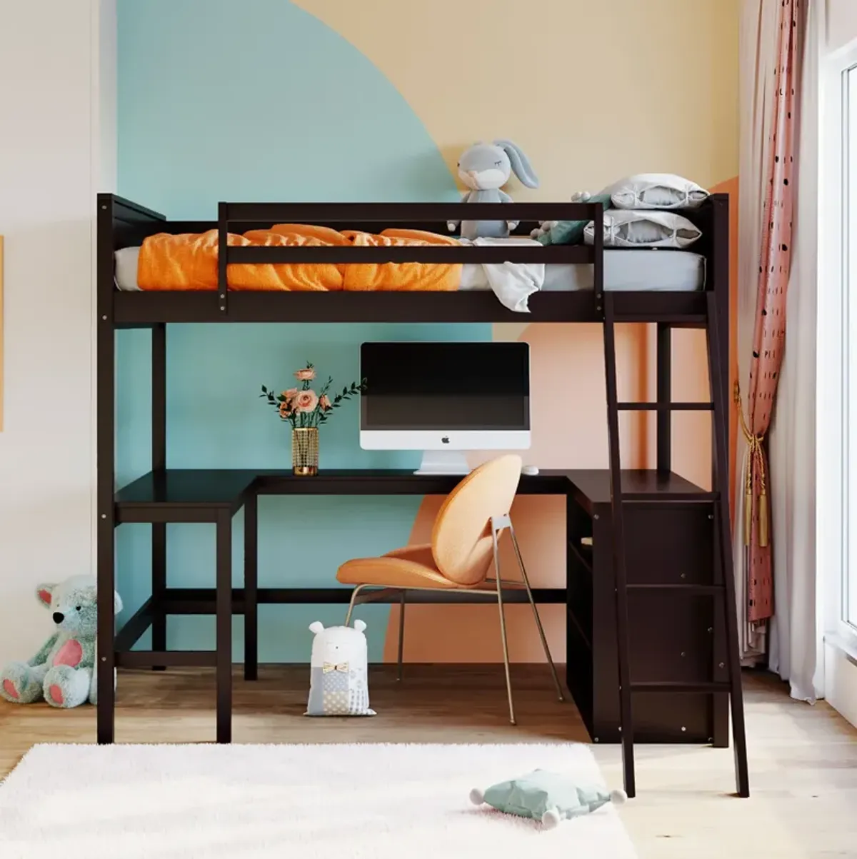 Merax Solid Wooden Loft Bed with Shelves and Desk