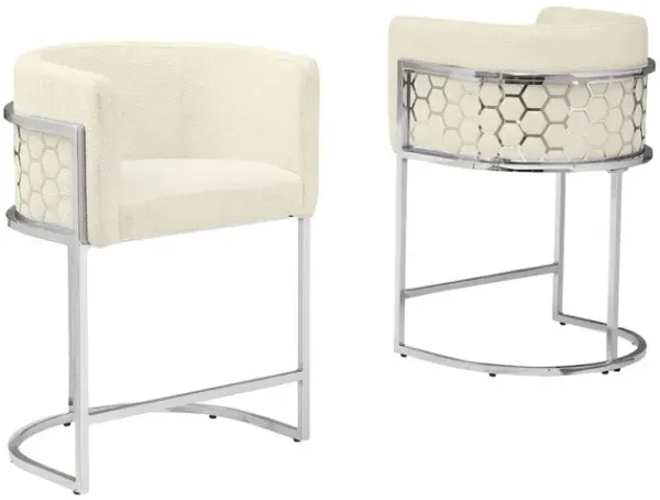 Honeycomb back barrel chair in Cream with silver base, Set of 2
