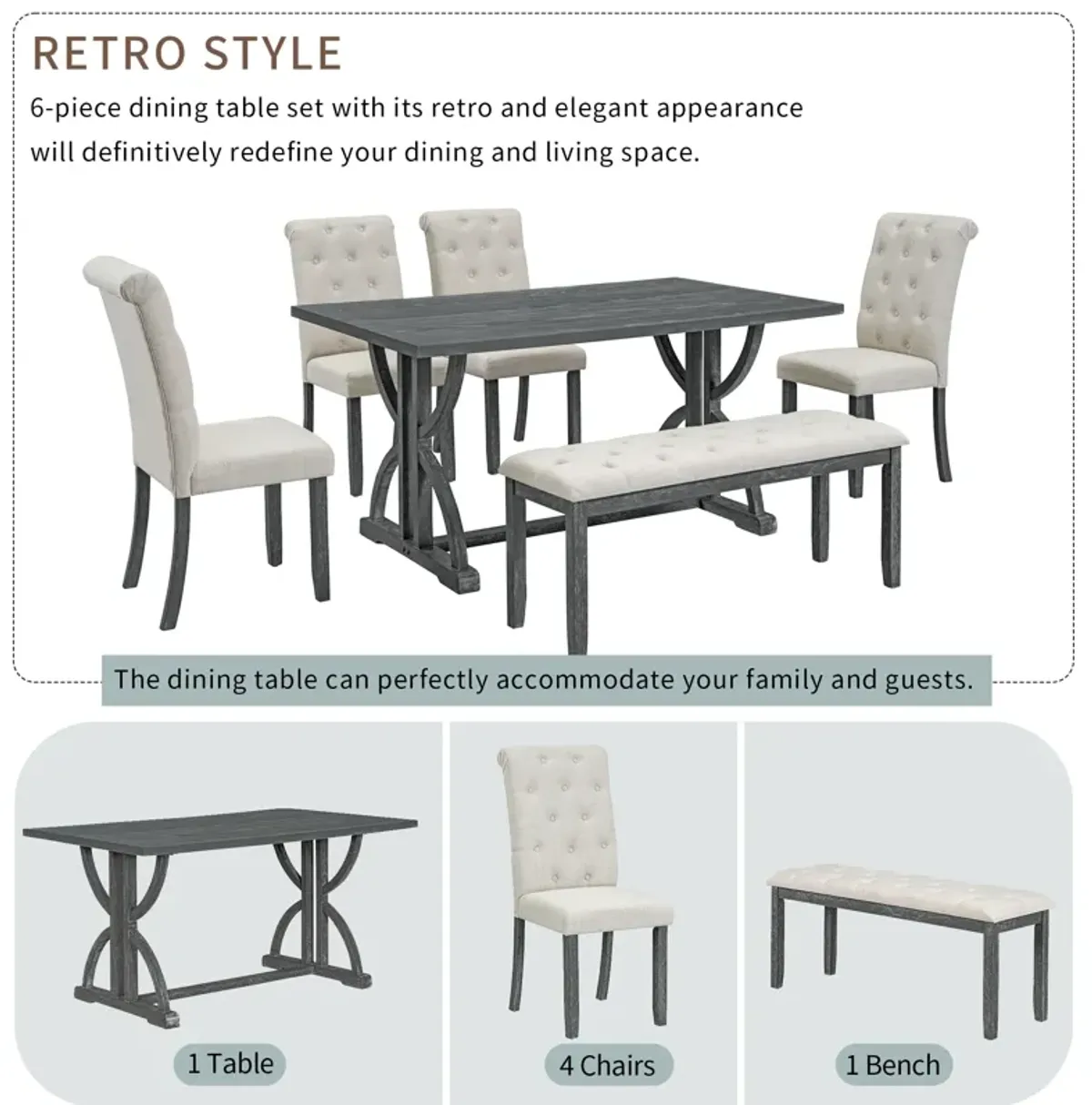 Merax 6-Piece Retro Rectangular Dining Table Set