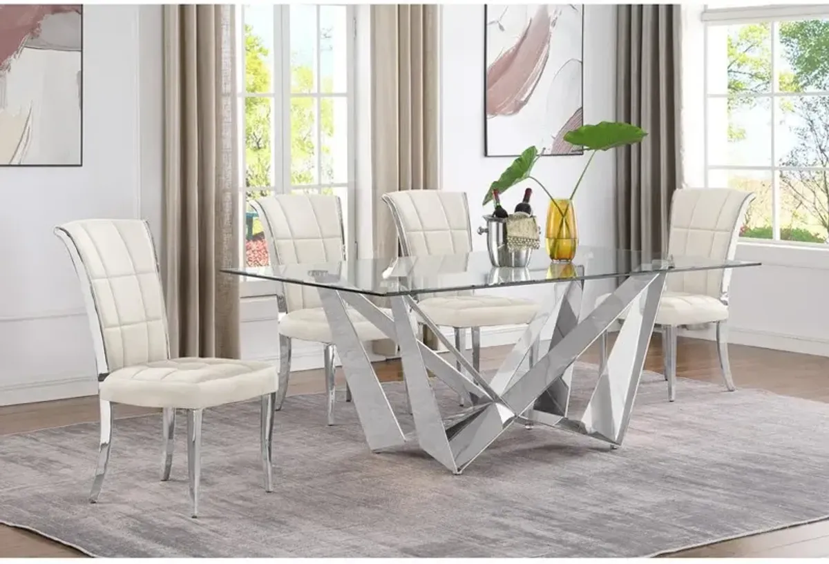 5pc Small(78") glass dining set with silver base and 4 Cream side chairs
