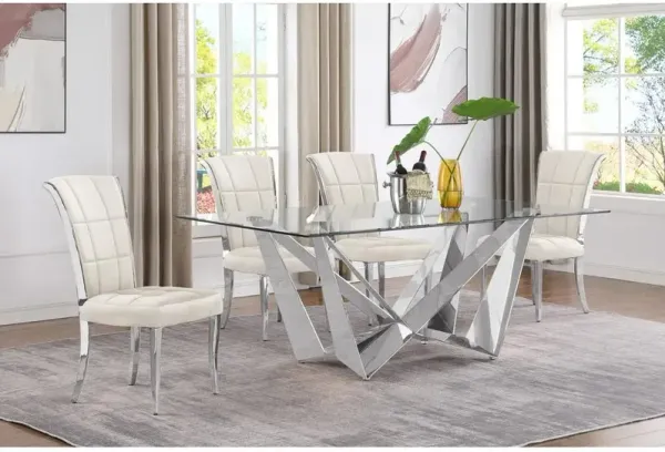 5pc Small(78") glass dining set with silver base and 4 Cream side chairs
