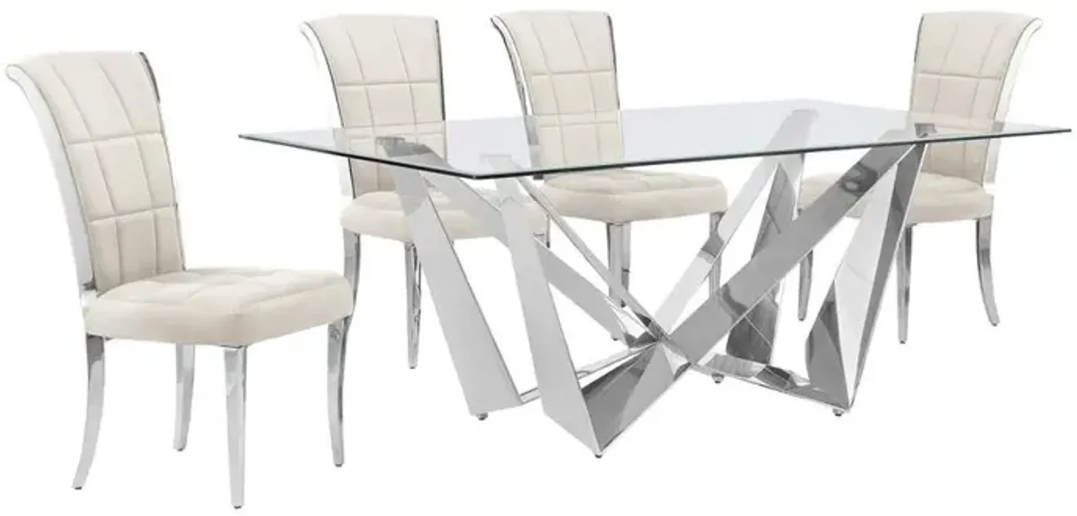 5pc Small(78") glass dining set with silver base and 4 Cream side chairs