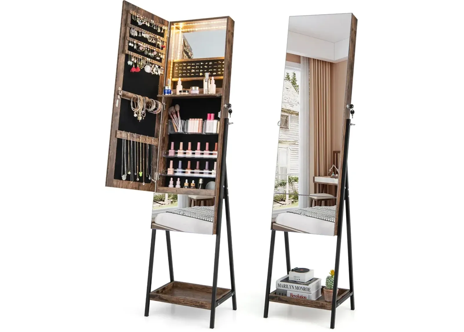 Lockable Freestanding Jewelry Organizer with Full-Length Frameless Mirror