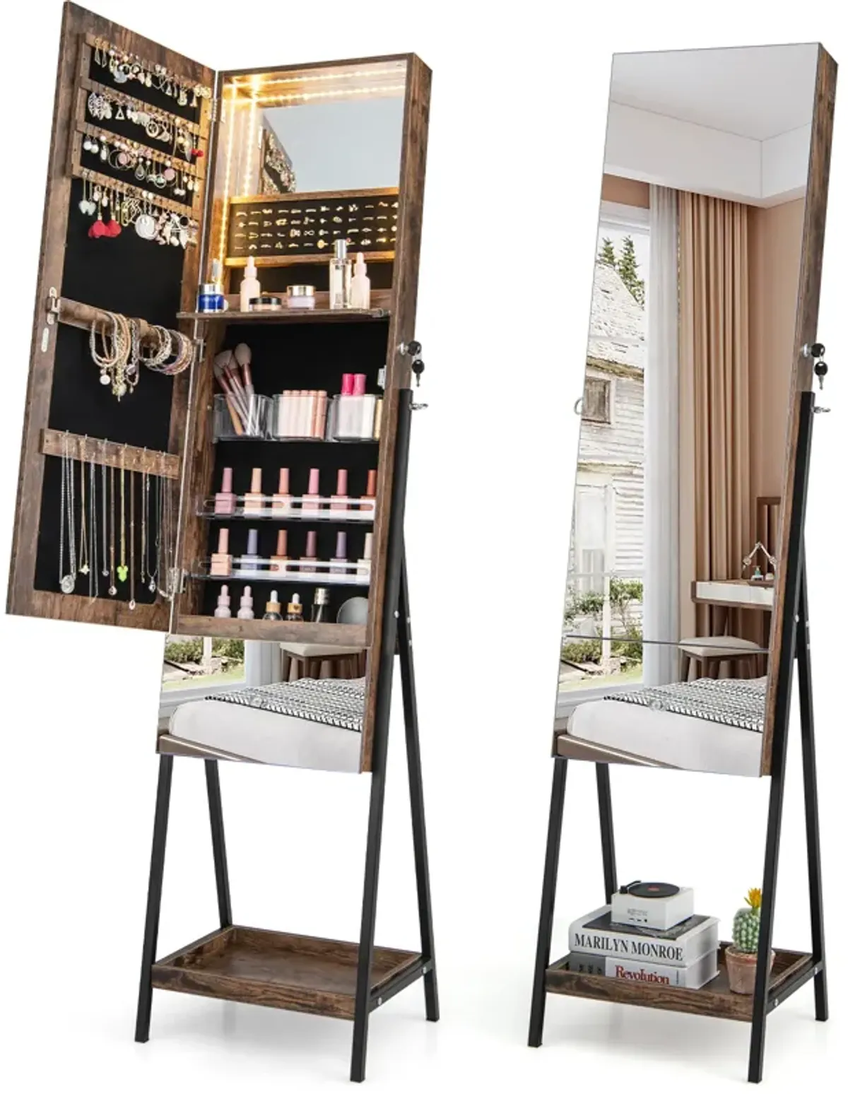 Lockable Freestanding Jewelry Organizer with Full-Length Frameless Mirror