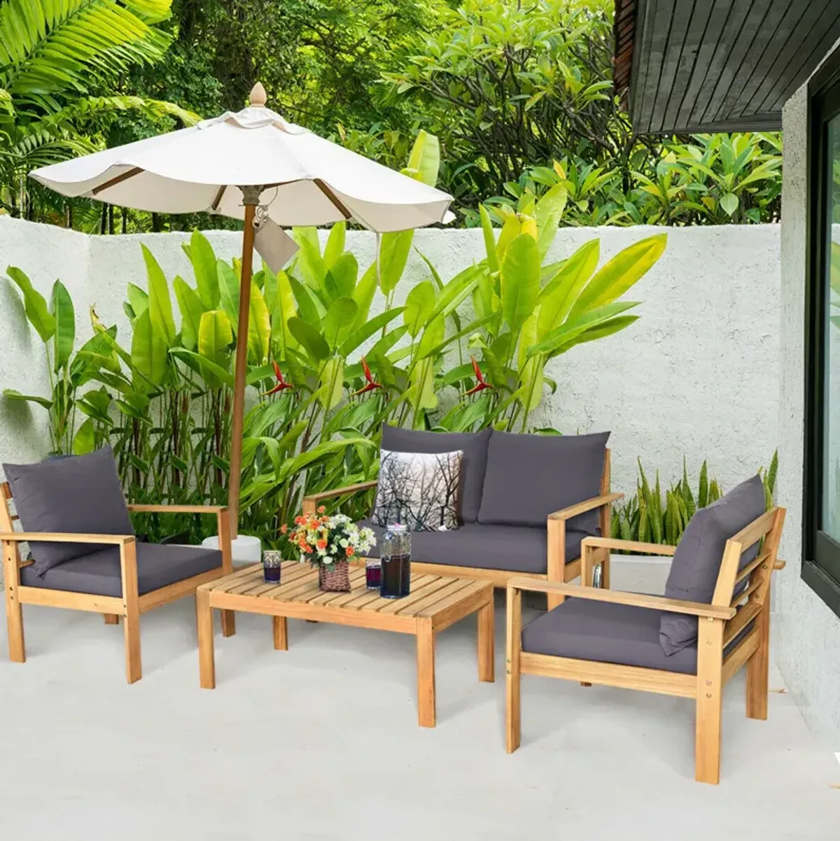 Outdoor 4 Pieces Acacia Wood Conversation Sets with Water Resistant Cushions