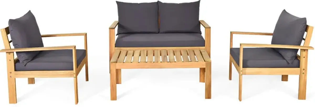 Outdoor 4 Pieces Acacia Wood Conversation Sets with Water Resistant Cushions