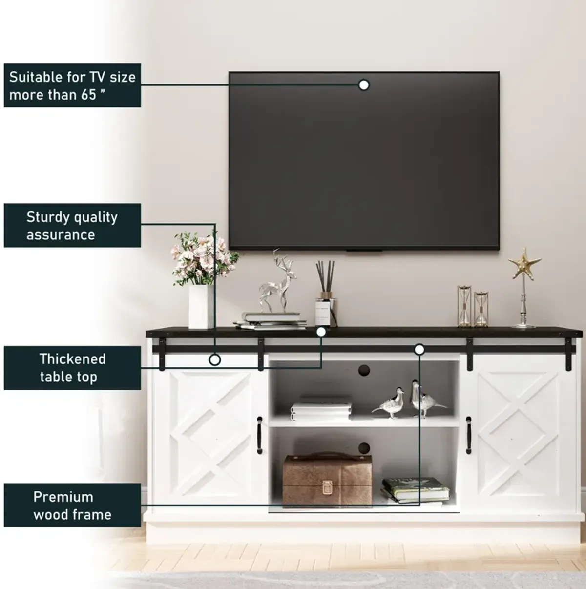 Farmhouse TV Stand wih Storage, 63" Entertainment Center , Wooden Media TV Console with Height Adjustable Shelves for Living Room