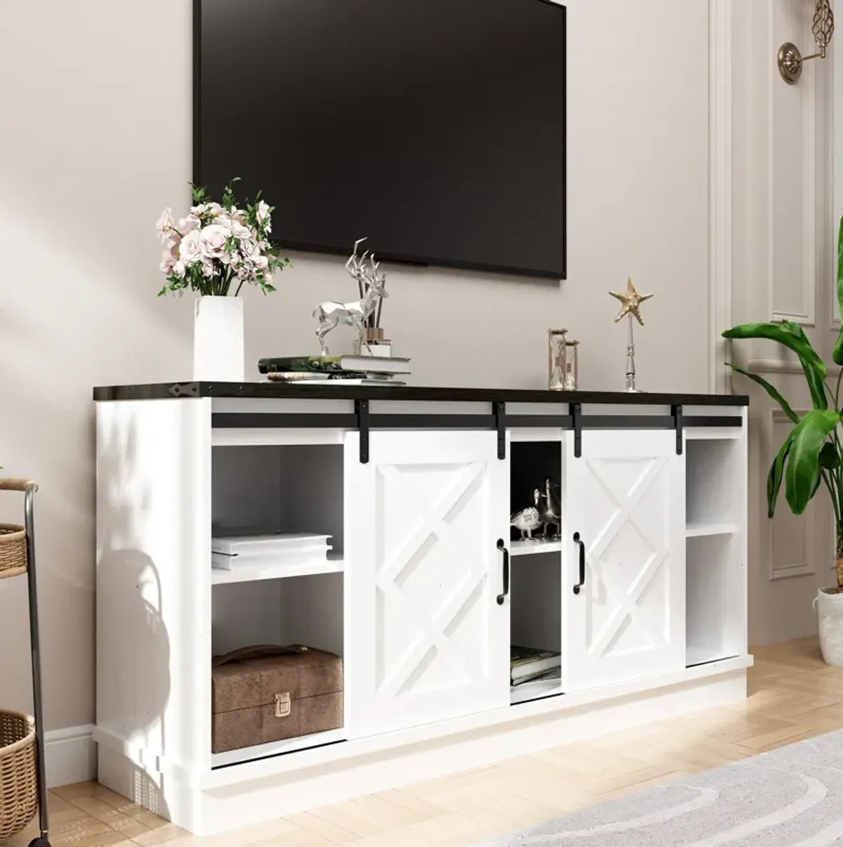 Farmhouse TV Stand wih Storage, 63" Entertainment Center , Wooden Media TV Console with Height Adjustable Shelves for Living Room
