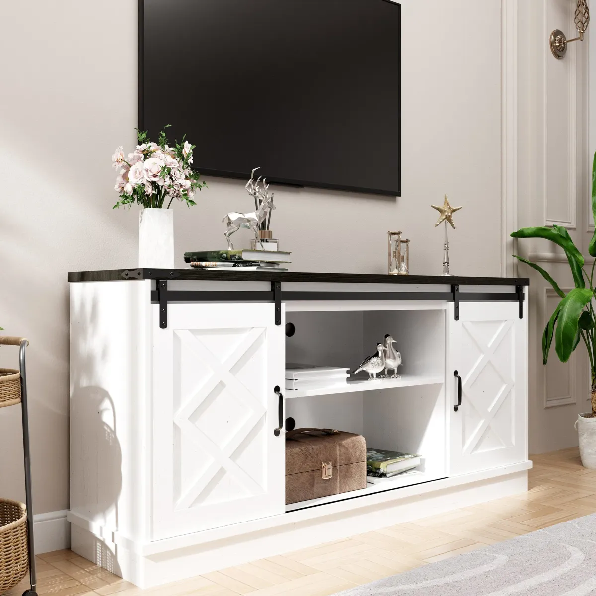 Farmhouse TV Stand wih Storage, 63" Entertainment Center , Wooden Media TV Console with Height Adjustable Shelves for Living Room