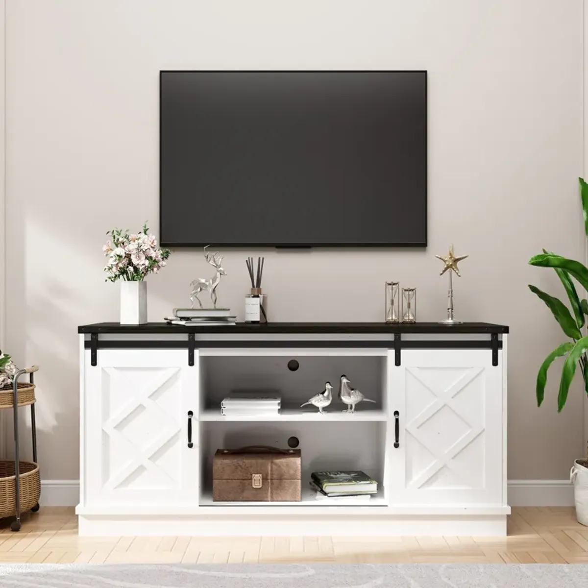 Farmhouse TV Stand wih Storage, 63" Entertainment Center , Wooden Media TV Console with Height Adjustable Shelves for Living Room