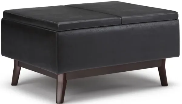 Owen Tray Top Small Coffee Table Storage Ottoman in Distressed Black Faux Leather