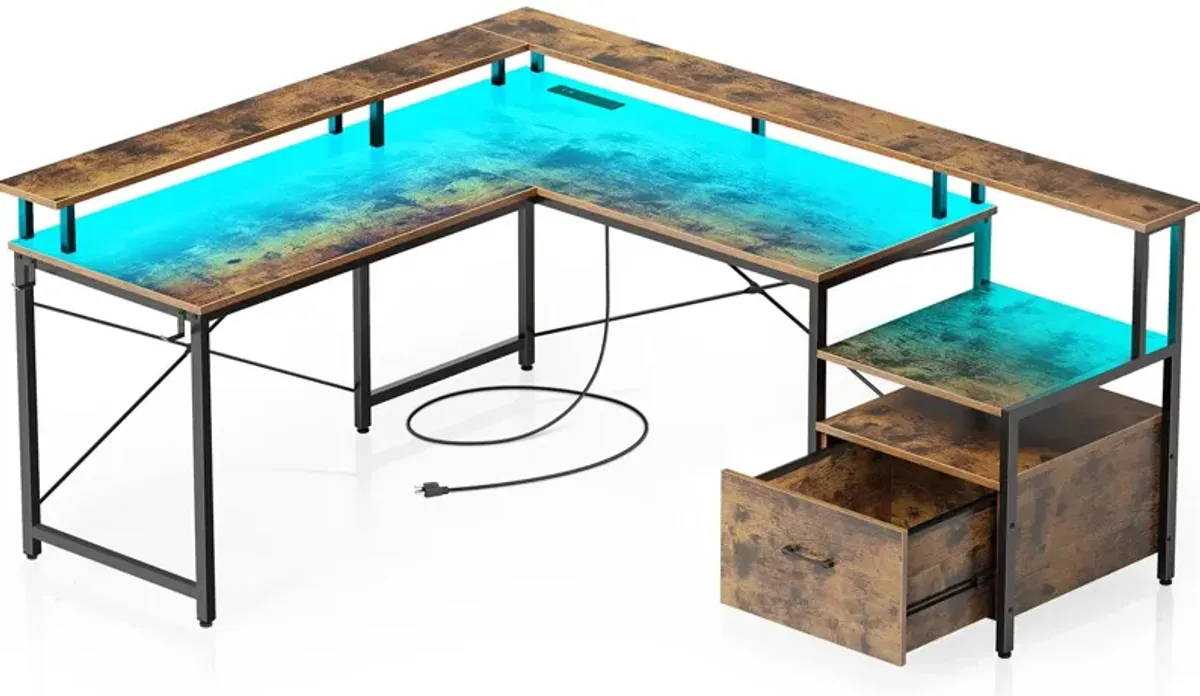 Rolanstar Computer Desk with File Drawer, 64 L Shaped Desk with Power Outlet & LED Strip, L Shaped Corner Desk with File Cabin