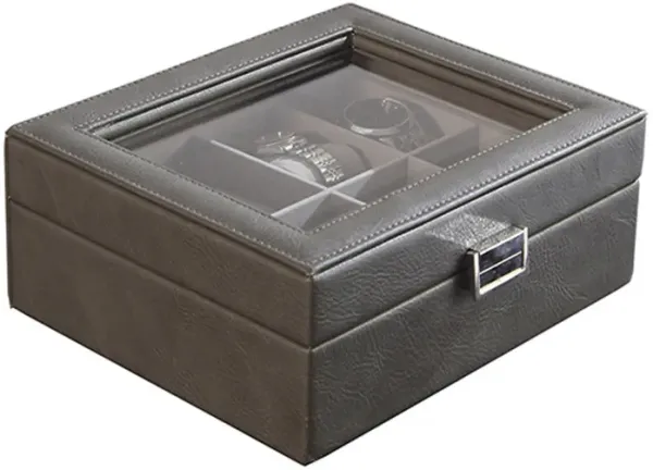 9 Inch Watch Case with 8 Spaces, Gray Faux Leather, Lined, Glass Lid, Black - Benzara