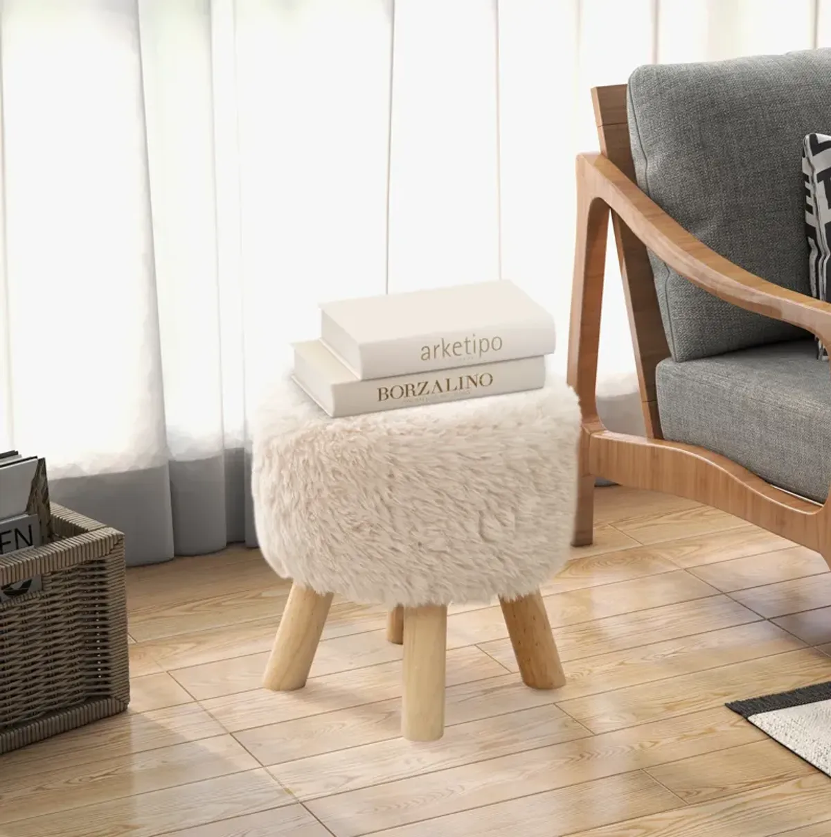 Round Footstool Ottoman Faux Fur Footrest with Padded Seat and Rubber Wood Legs