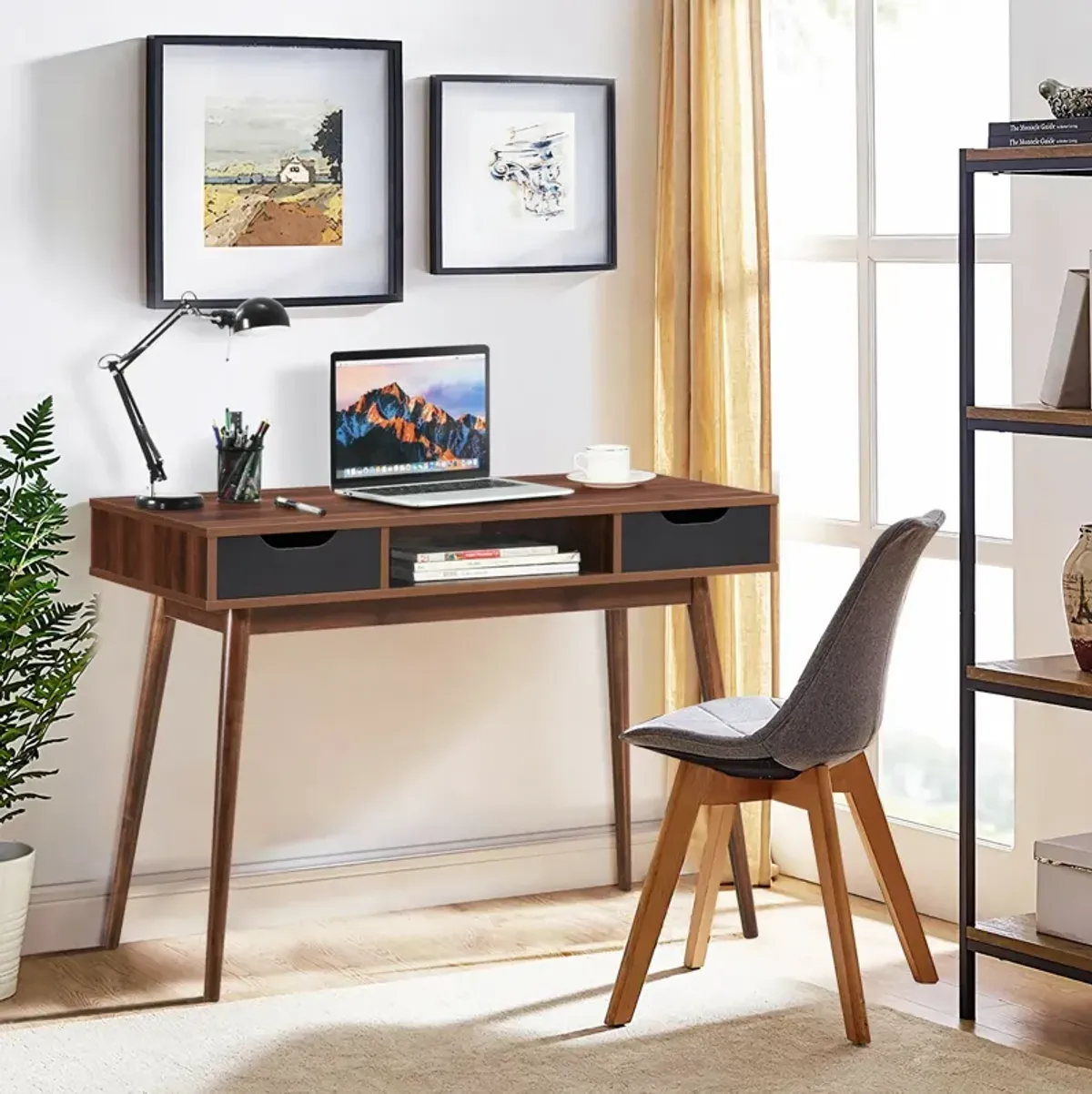 Stylish Computer Desk Workstation with 2 Drawers and Solid Wood Legs-Walnut