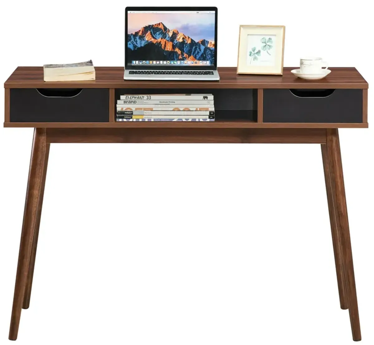 Stylish Computer Desk Workstation with 2 Drawers and Solid Wood Legs-Walnut