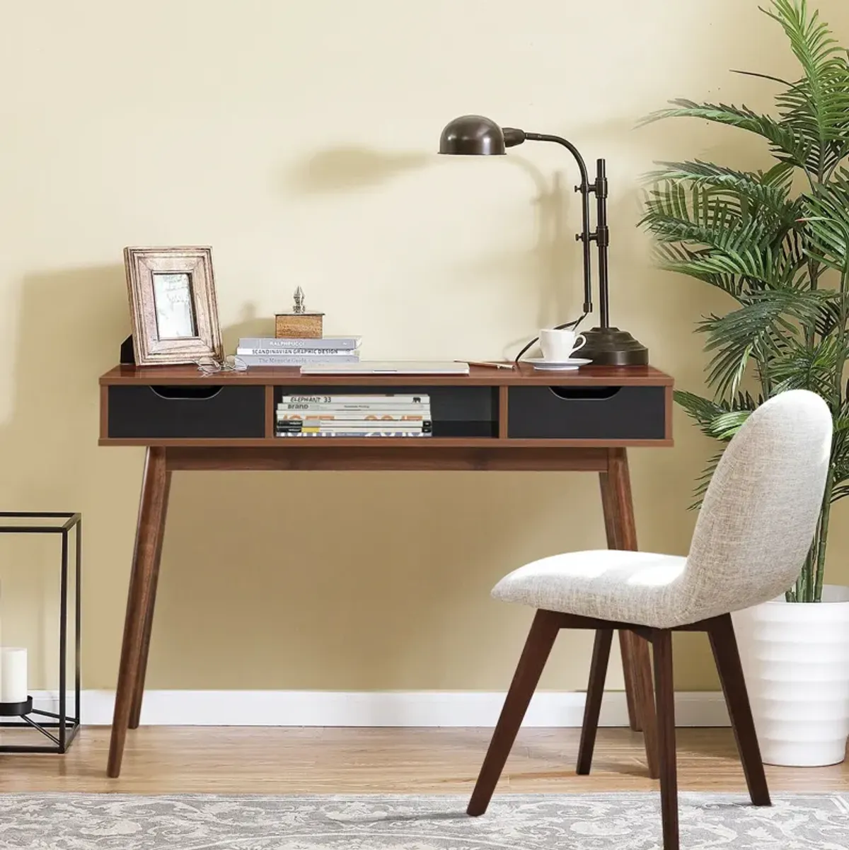 Stylish Computer Desk Workstation with 2 Drawers and Solid Wood Legs-Walnut