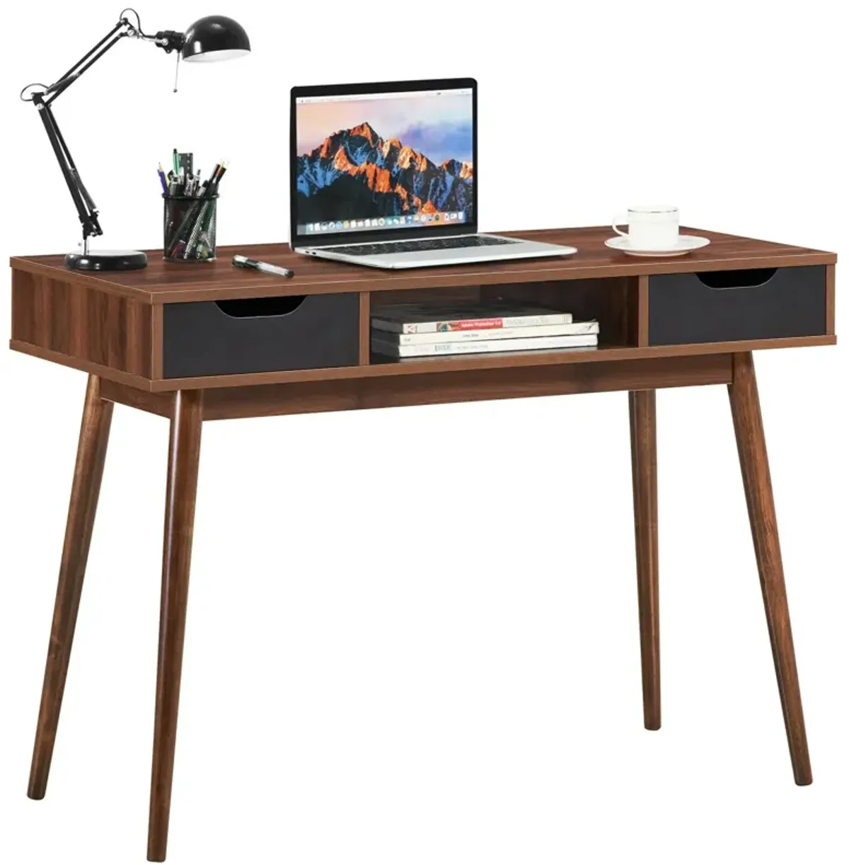 Stylish Computer Desk Workstation with 2 Drawers and Solid Wood Legs-Walnut