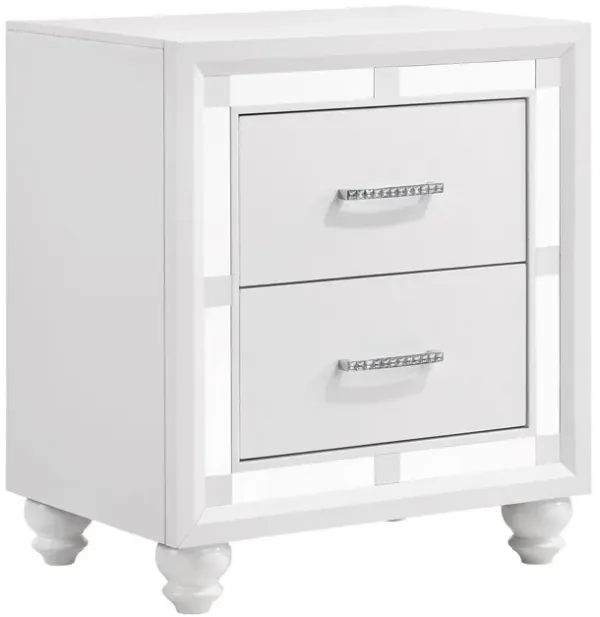 Pia 27 Inch Modern Nightstand, 2 Drawers, Mirrored Trim, Felt Lined, White-Benzara