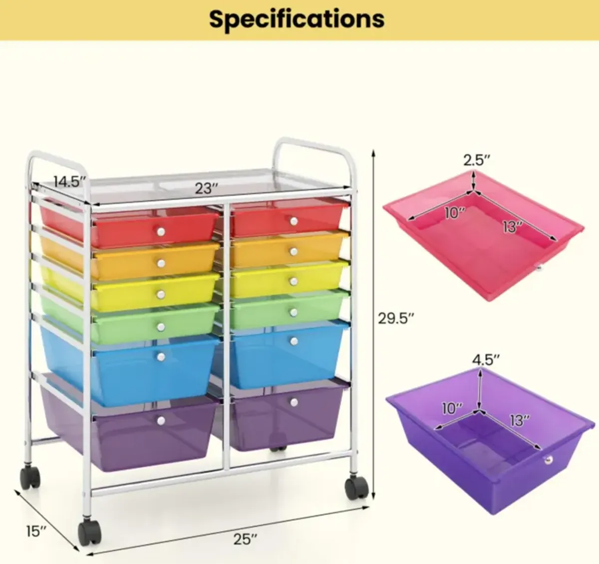 Hivvago 12-Drawer Rolling Storage Cart with Removable Drawers and Lockable Wheels