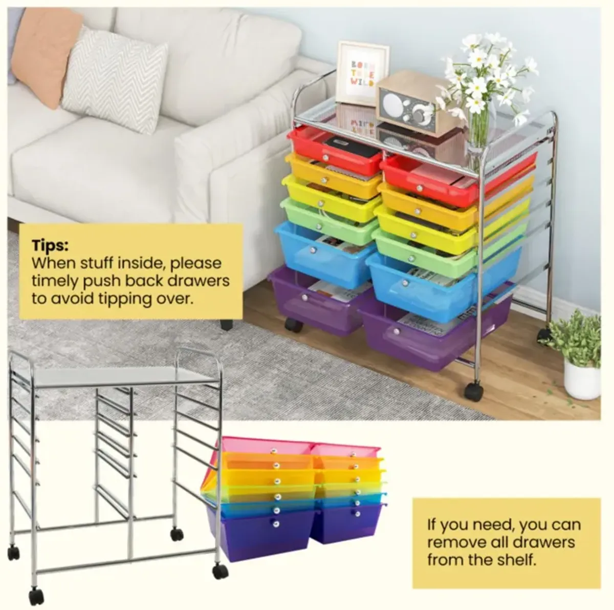 Hivvago 12-Drawer Rolling Storage Cart with Removable Drawers and Lockable Wheels