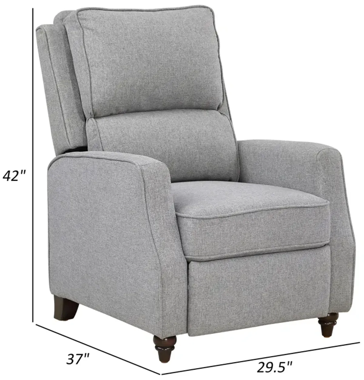 Isac 37 Inch Push Back Recliner Chair, Gray Polyester, Brown Solid Wood  - Benzara