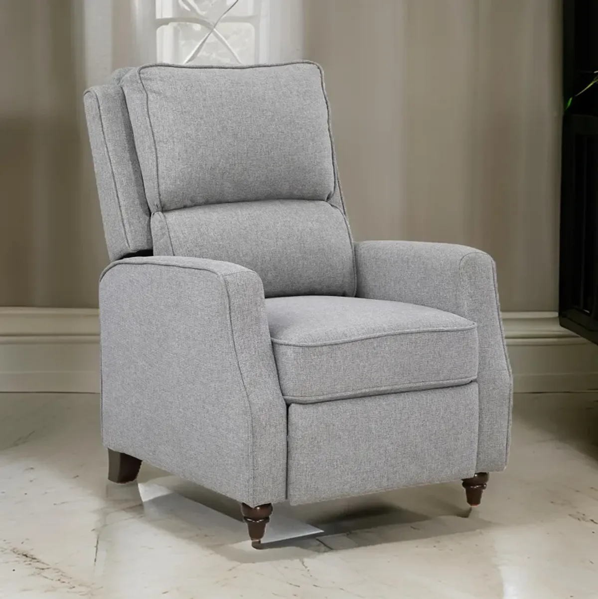 Isac 37 Inch Push Back Recliner Chair, Gray Polyester, Brown Solid Wood  - Benzara